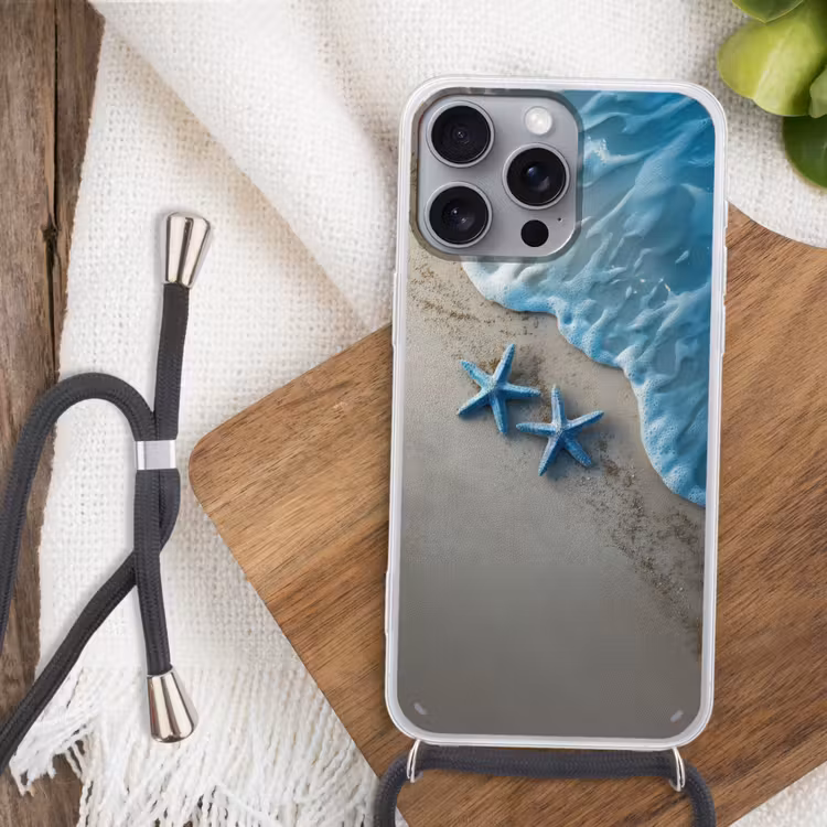 Zeesterren - Zand - Zee - Blauw Hoesje iPhone 16 Pro Max met koord klein -sfeer4