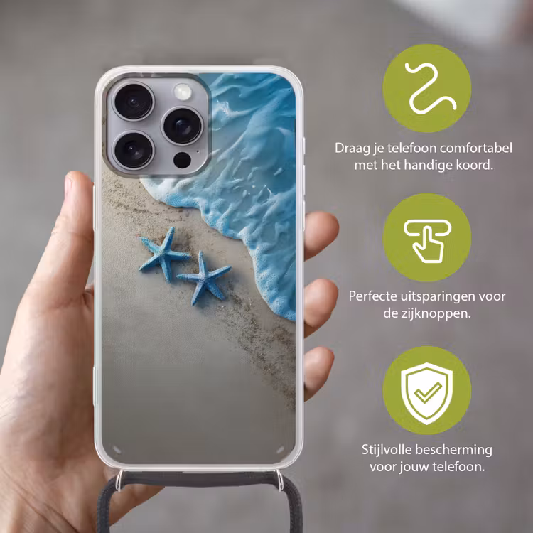 Zeesterren - Zand - Zee - Blauw Hoesje iPhone 16 Pro Max met koord klein -sfeer2_NL