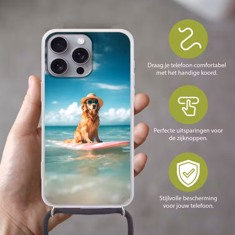 Zeewater - Hond - Golden retriever - Zonnebril Hoesje iPhone 16 Pro Max met koord klein -sfeer2_NL