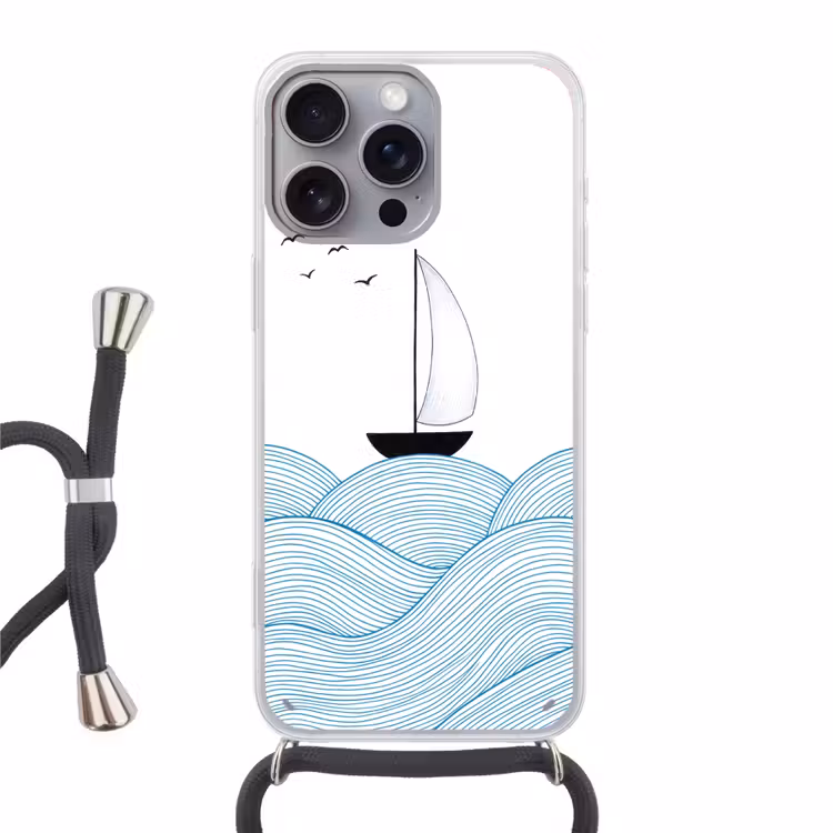 Zeilboot - Golven - Zee - Illustratie - Blauw Hoesje iPhone 16 Pro Max met koord klein -3d