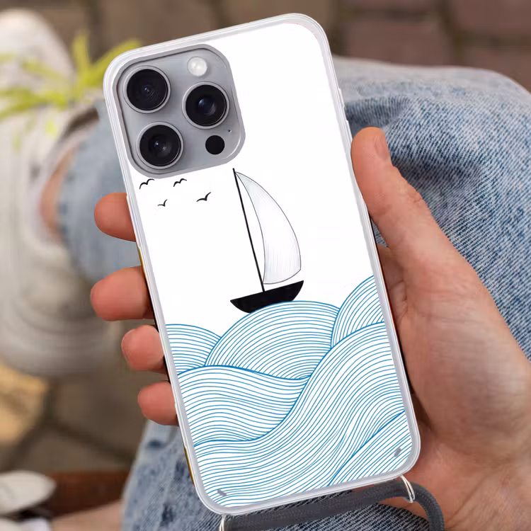 Zeilboot - Golven - Zee - Illustratie - Blauw Hoesje iPhone 16 Pro Max met koord klein -sfeer3