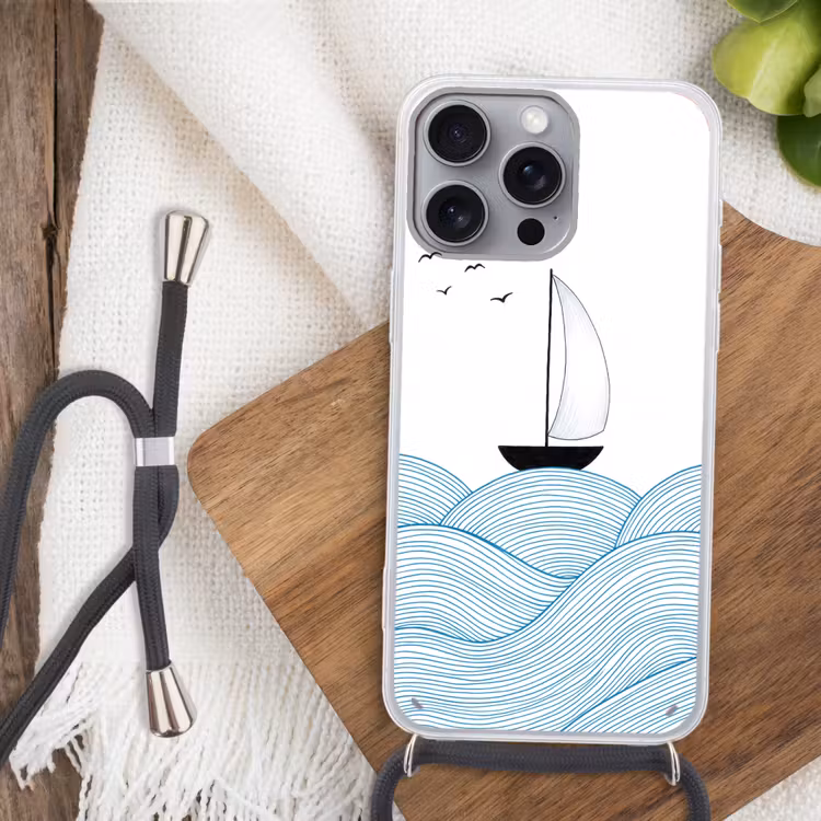 Zeilboot - Golven - Zee - Illustratie - Blauw Hoesje iPhone 16 Pro Max met koord klein -sfeer4