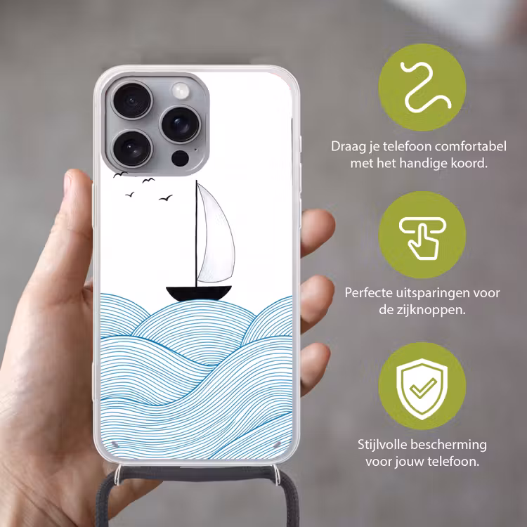 Zeilboot - Golven - Zee - Illustratie - Blauw Hoesje iPhone 16 Pro Max met koord klein -sfeer2_NL