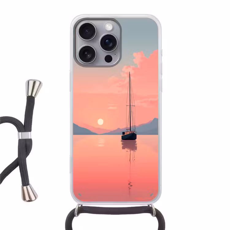 Zeilboot - Roze zee - Zonsondergang - Bergen Hoesje iPhone 16 Pro Max met koord klein -3d