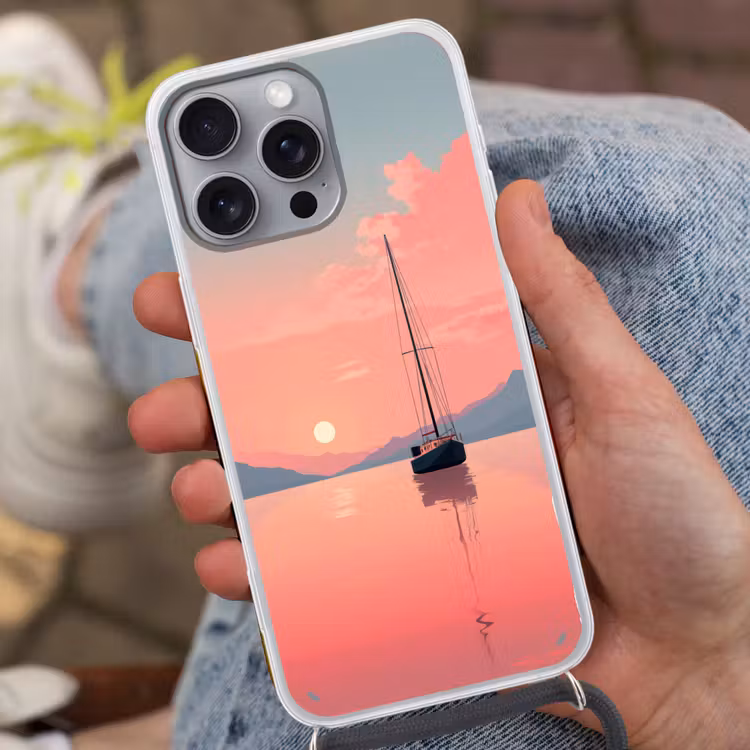 Zeilboot - Roze zee - Zonsondergang - Bergen Hoesje iPhone 16 Pro Max met koord klein -sfeer3