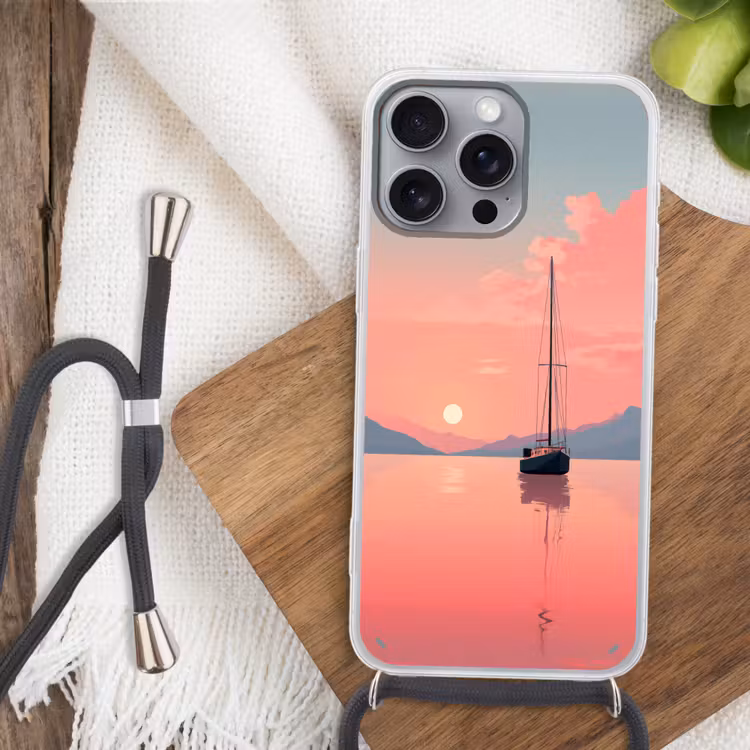 Zeilboot - Roze zee - Zonsondergang - Bergen Hoesje iPhone 16 Pro Max met koord klein -sfeer4