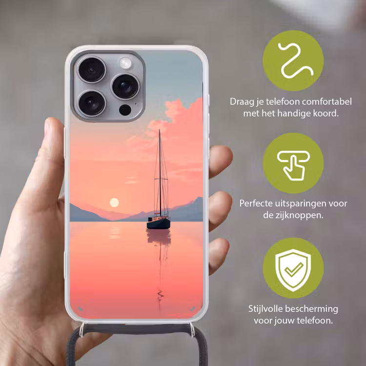 Zeilboot - Roze zee - Zonsondergang - Bergen Hoesje iPhone 16 Pro Max met koord klein -sfeer2_NL