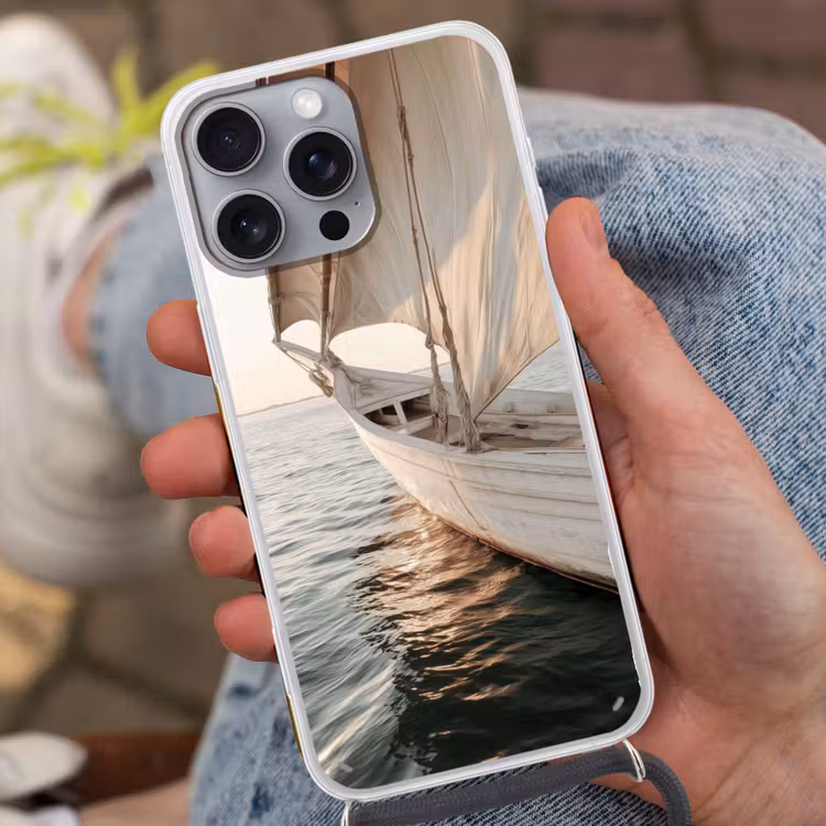 Zeilboot - Zee - Beige - Zon Hoesje iPhone 16 Pro Max met koord klein -sfeer3