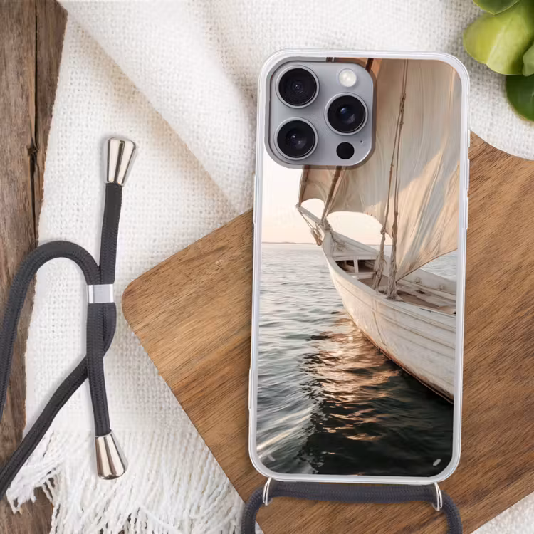 Zeilboot - Zee - Beige - Zon Hoesje iPhone 16 Pro Max met koord klein -sfeer4