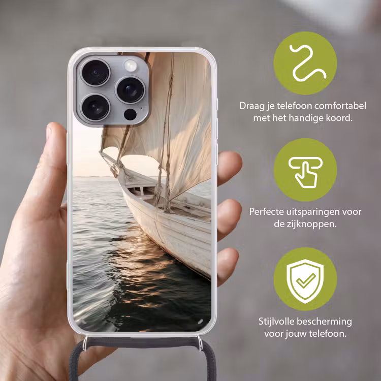 Zeilboot - Zee - Beige - Zon Hoesje iPhone 16 Pro Max met koord klein -sfeer2_NL