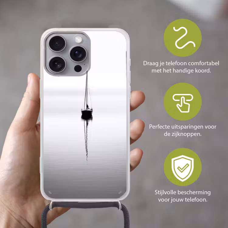 Zeilboot - Zwart - Water - Silhouet Hoesje iPhone 16 Pro Max met koord klein -sfeer2_NL