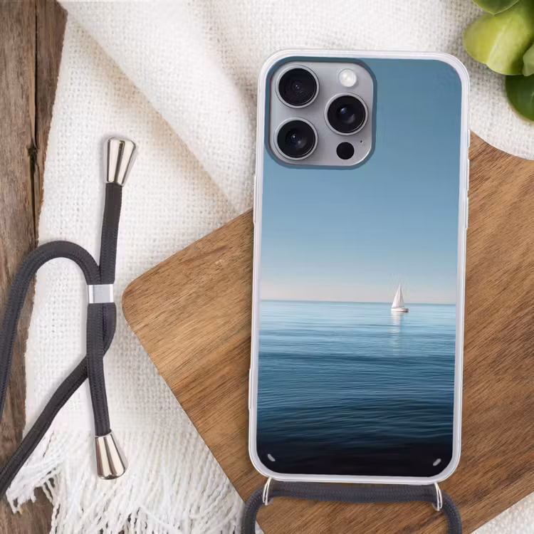 Zeilbootje - Kalme zee - Helderblauwe hemel Hoesje iPhone 16 Pro Max met koord klein -sfeer4