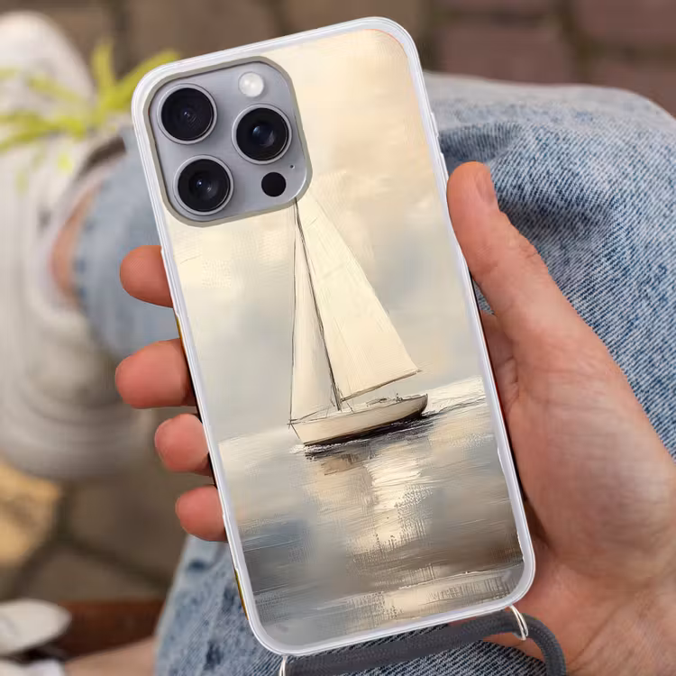 Zeilschip - Zee - Bewolkt Hoesje iPhone 16 Pro Max met koord klein -sfeer3