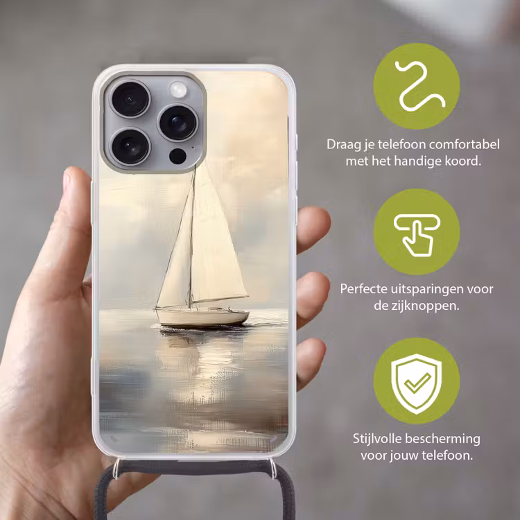 Zeilschip - Zee - Bewolkt Hoesje iPhone 16 Pro Max met koord klein -sfeer2_NL