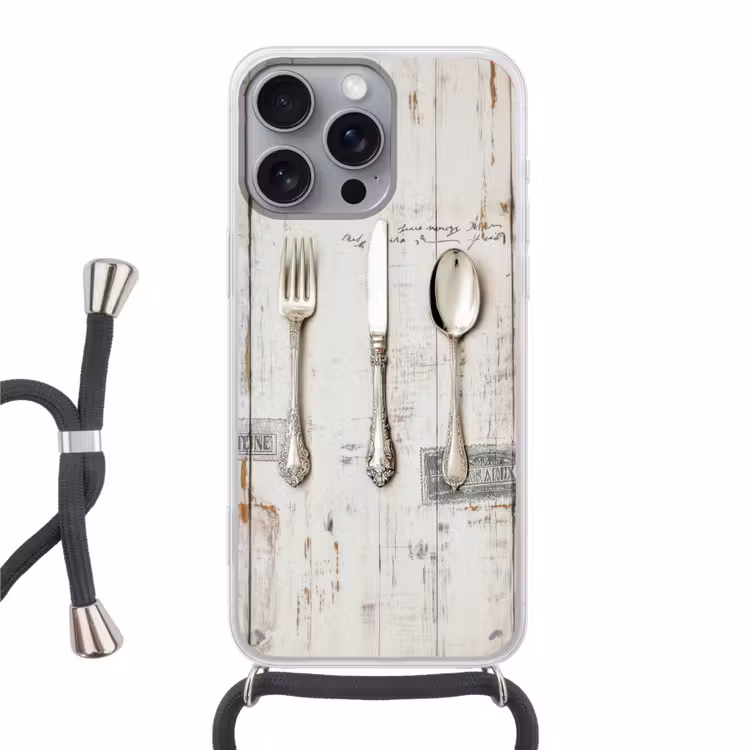 Zilver - Bestek - Hout Hoesje iPhone 16 Pro Max met koord klein -3d
