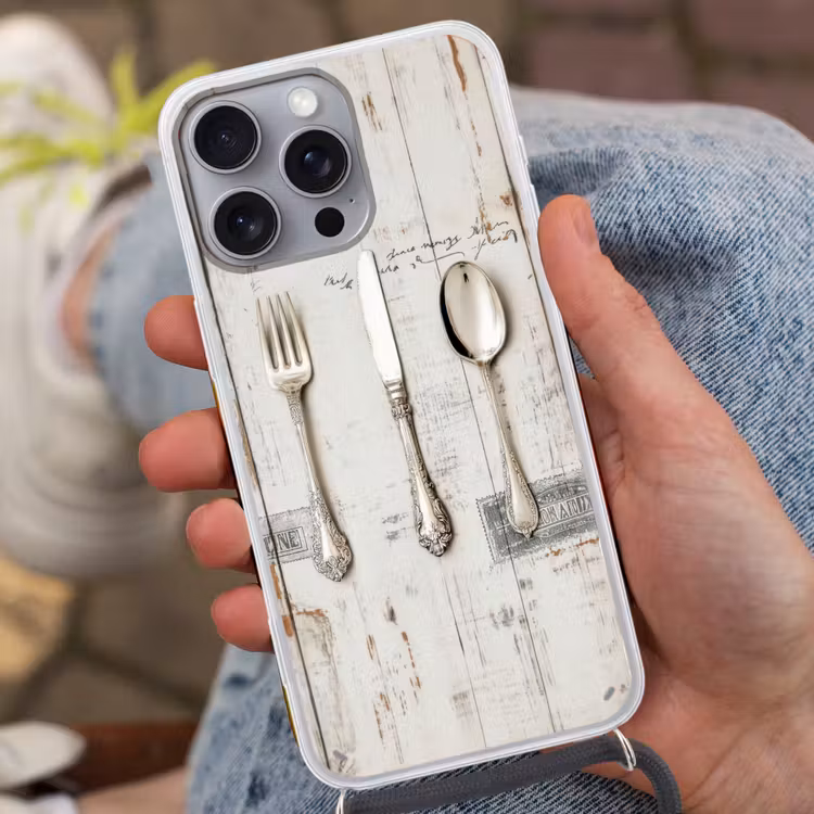 Zilver - Bestek - Hout Hoesje iPhone 16 Pro Max met koord klein -sfeer3