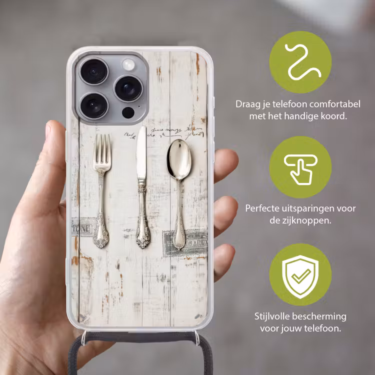 Zilver - Bestek - Hout Hoesje iPhone 16 Pro Max met koord klein -sfeer2_NL