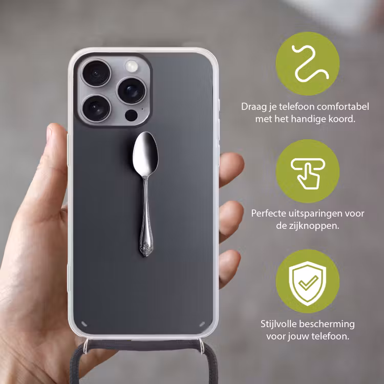 Zilver - Metaal - Lepel Hoesje iPhone 16 Pro Max met koord klein -sfeer2_NL