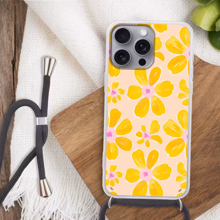 Zomers - Bloemen - Geel Hoesje iPhone 16 Pro Max met koord klein 804 -sfeer4