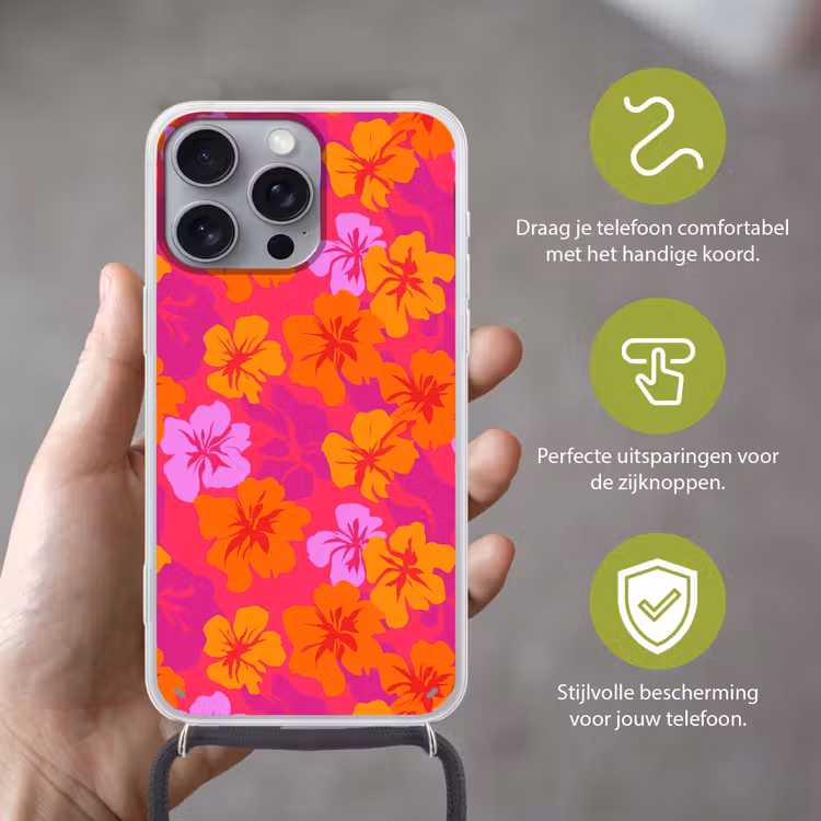 Zomers - Hibiscus - Kleurrijk Hoesje iPhone 16 Pro Max met koord klein 804 -sfeer2_NL