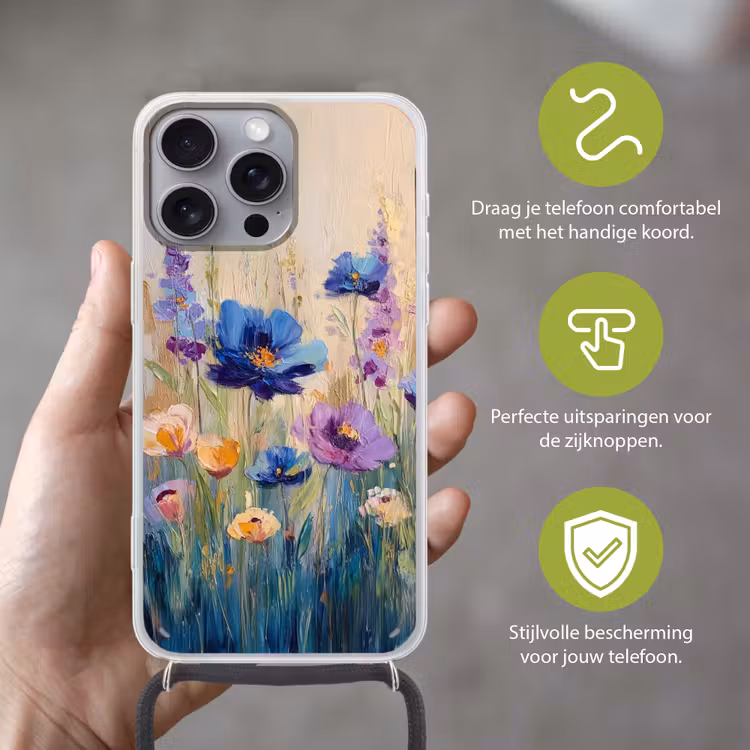 Zomers - Wilde bloemen - Penseelstreken Hoesje iPhone 16 Pro Max met koord klein -sfeer2_NL