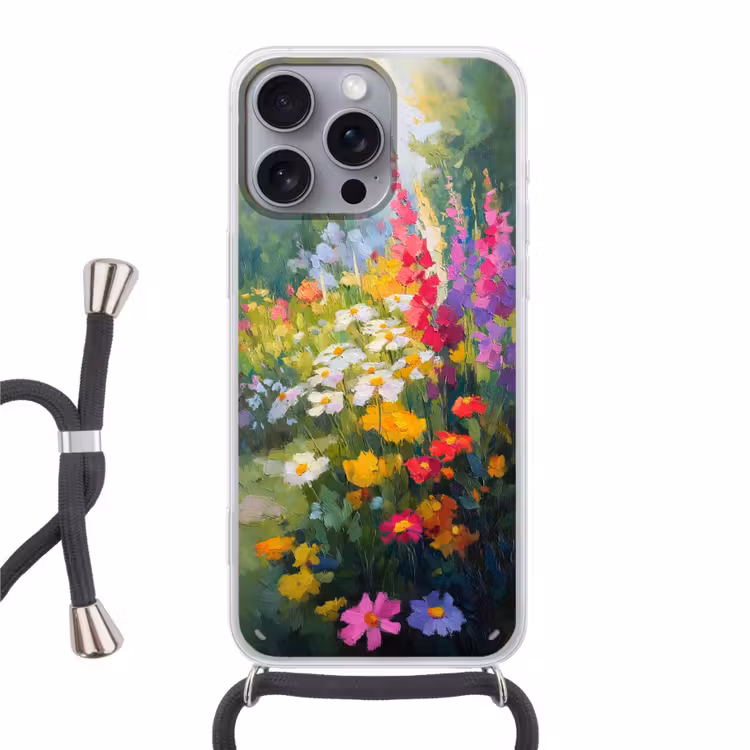 Zomertuin - Sfeervol - Bloemen Hoesje iPhone 16 Pro Max met koord klein -3d