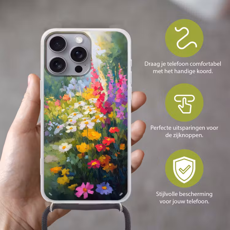 Zomertuin - Sfeervol - Bloemen Hoesje iPhone 16 Pro Max met koord klein -sfeer2_NL