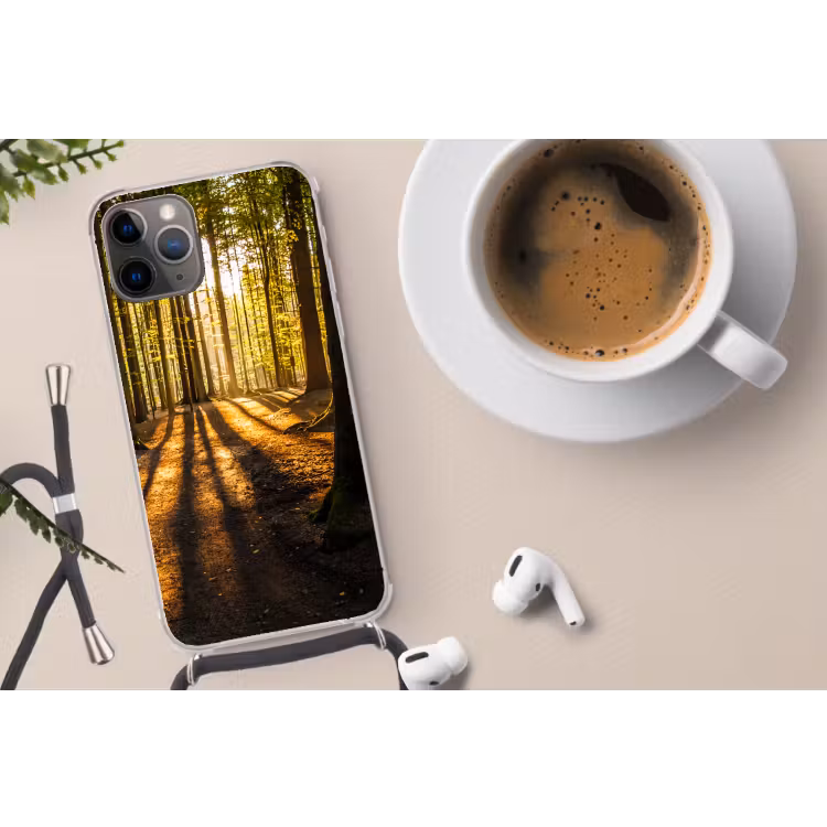 Zon - Bomen - Bos - Landschap Hoesje iPhone 12 Pro met koord klein -oordop