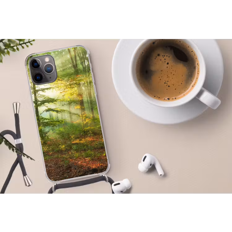 Zon - Bos - boom - Natuur - Herfst Hoesje iPhone 12 Pro met koord klein -oordop