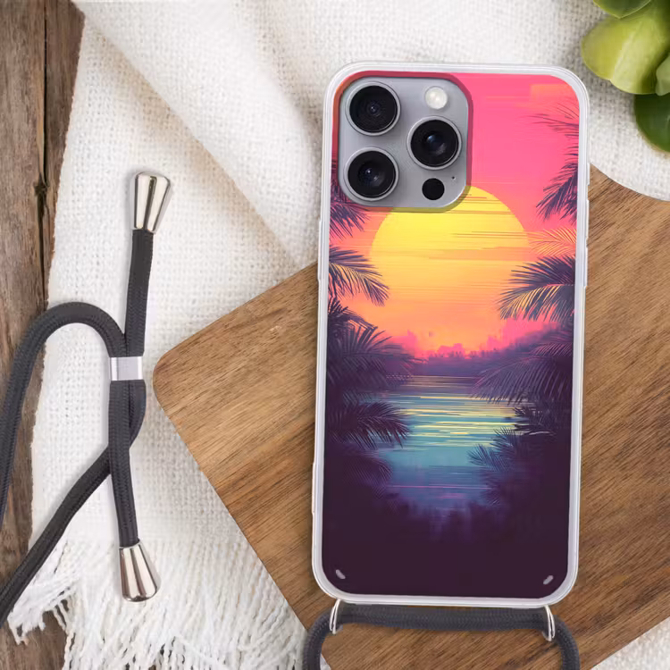 Zon - Geel - Palmbomen - Tropisch Hoesje iPhone 16 Pro Max met koord klein -sfeer4