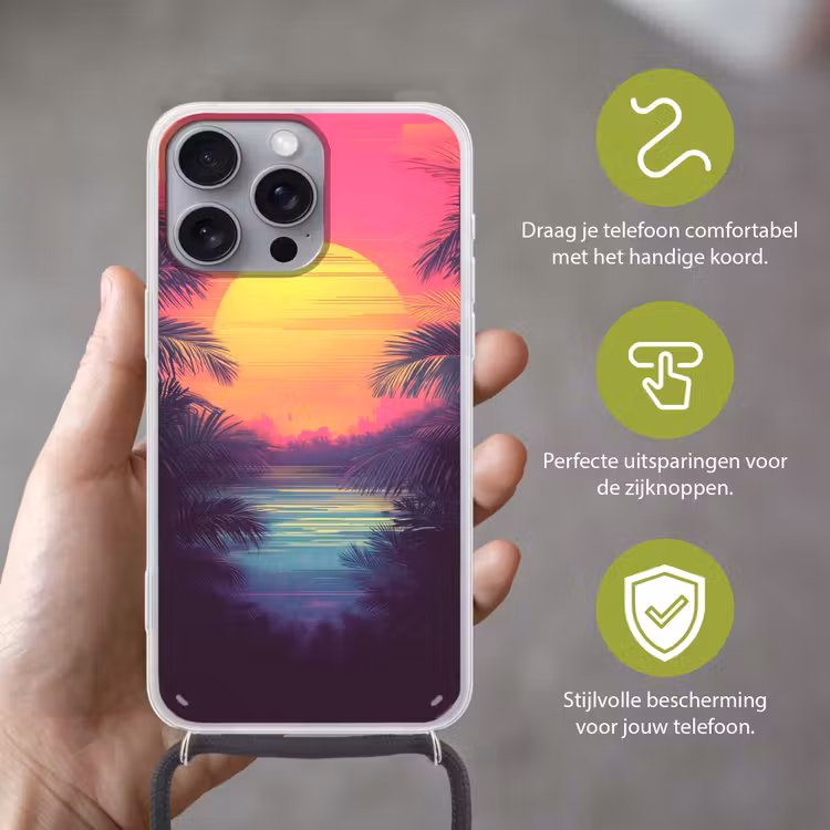 Zon - Geel - Palmbomen - Tropisch Hoesje iPhone 16 Pro Max met koord klein -sfeer2_NL