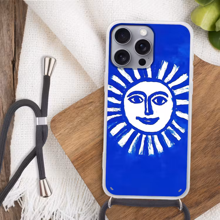 Zon - Gezicht - Penseelstructuur - Blauw Hoesje iPhone 16 Pro Max met koord klein -sfeer4