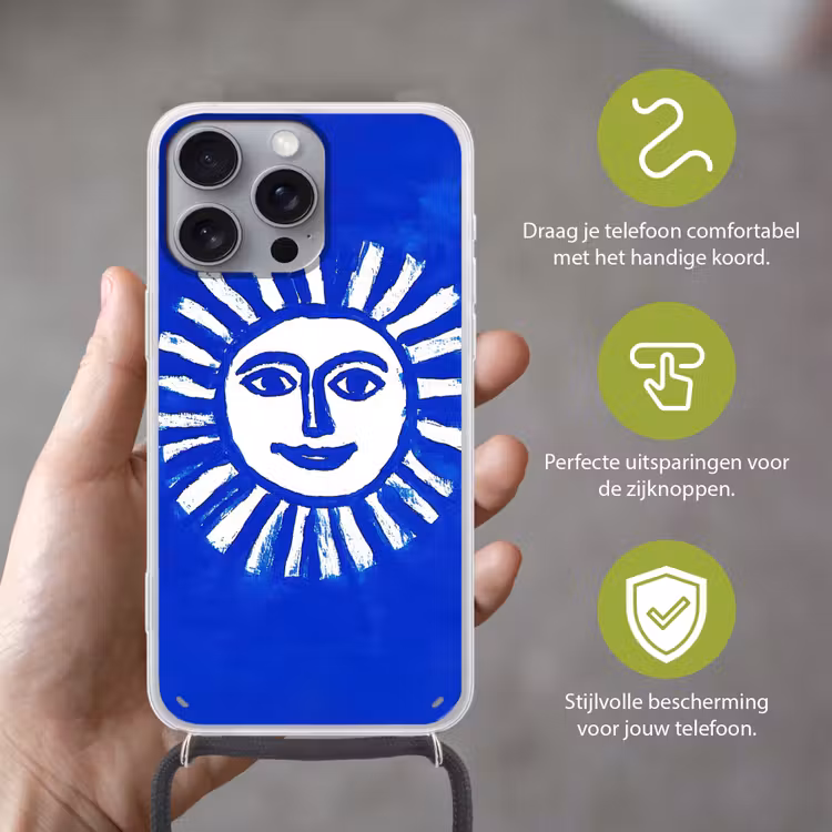 Zon - Gezicht - Penseelstructuur - Blauw Hoesje iPhone 16 Pro Max met koord klein -sfeer2_NL