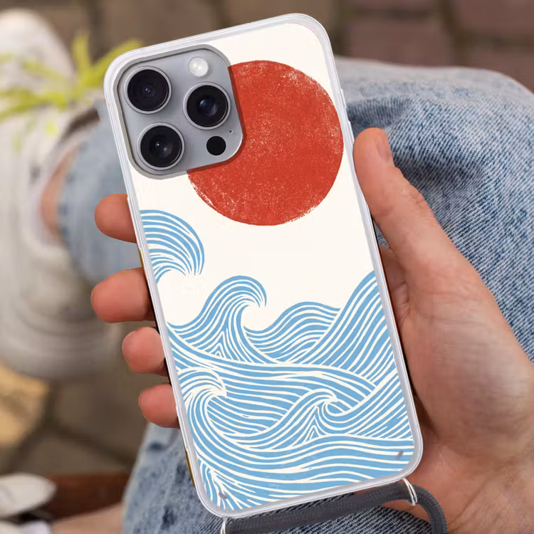 Zon - Golven - Oceaan - Abstract - Rood Hoesje iPhone 16 Pro Max met koord klein -sfeer3