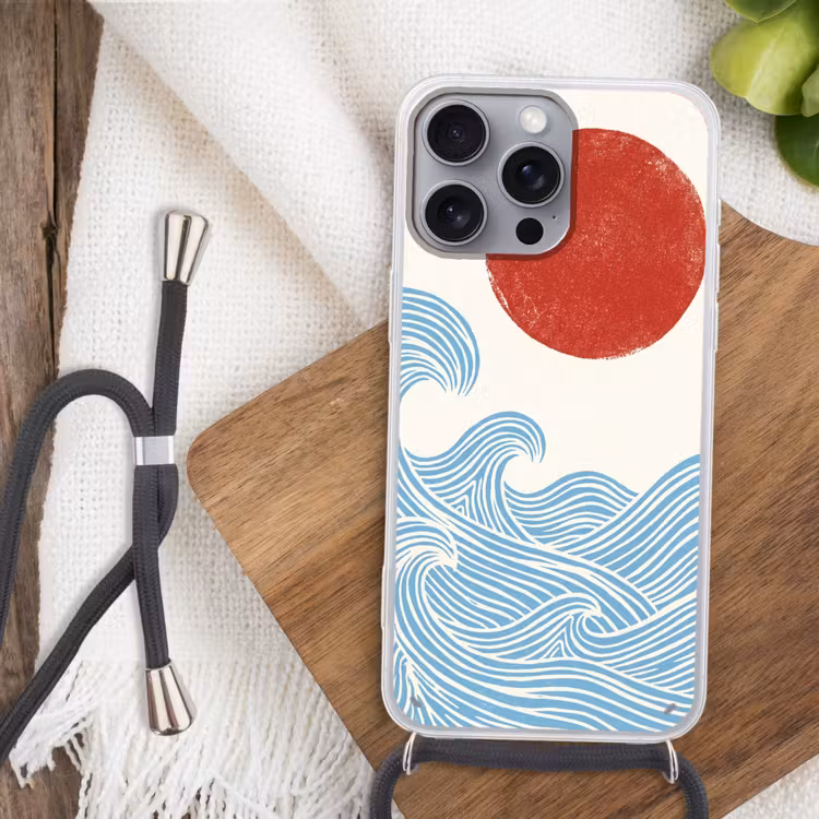 Zon - Golven - Oceaan - Abstract - Rood Hoesje iPhone 16 Pro Max met koord klein -sfeer4