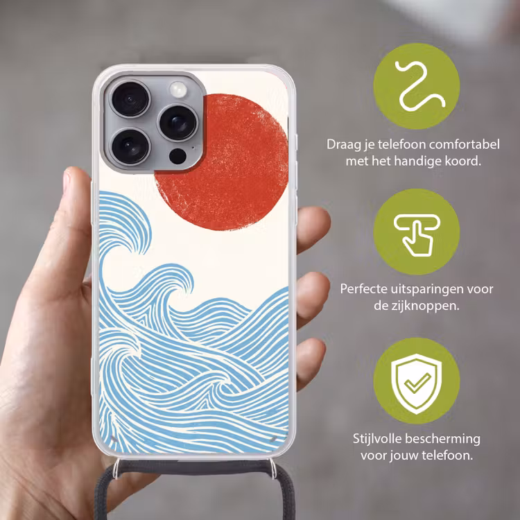 Zon - Golven - Oceaan - Abstract - Rood Hoesje iPhone 16 Pro Max met koord klein -sfeer2_NL