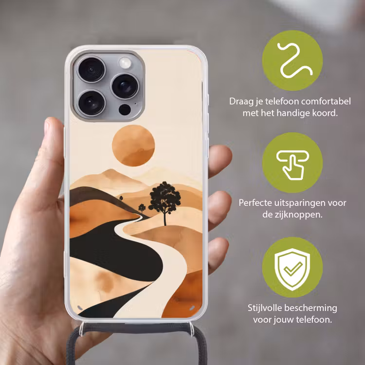Zon - Heuvels - Boom - Abstract Hoesje iPhone 16 Pro Max met koord klein -sfeer2_NL