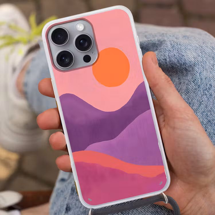 Zon - Heuvels - Paars - Abstract Hoesje iPhone 16 Pro Max met koord klein -sfeer3