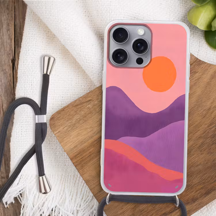 Zon - Heuvels - Paars - Abstract Hoesje iPhone 16 Pro Max met koord klein -sfeer4