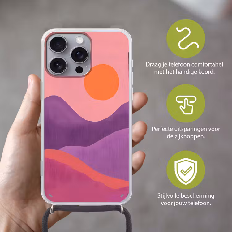 Zon - Heuvels - Paars - Abstract Hoesje iPhone 16 Pro Max met koord klein -sfeer2_NL