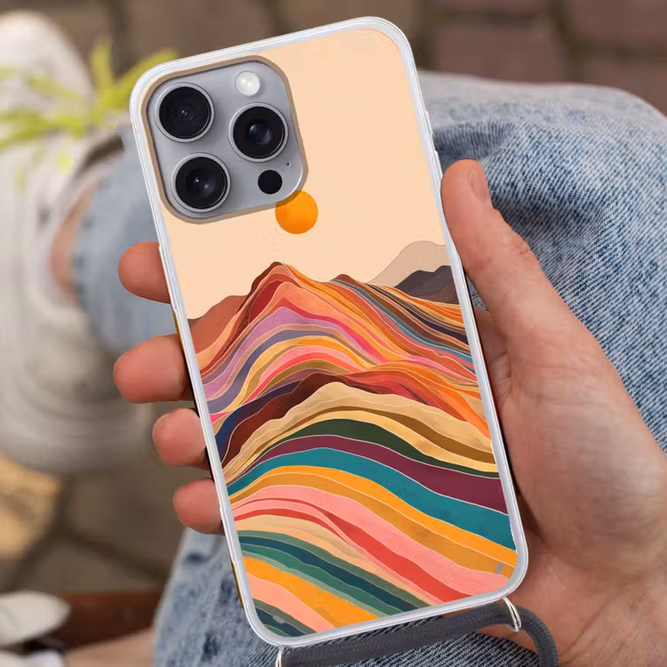 Zon - Kleurrijk landschap - Bergen Hoesje iPhone 16 Pro Max met koord klein -sfeer3