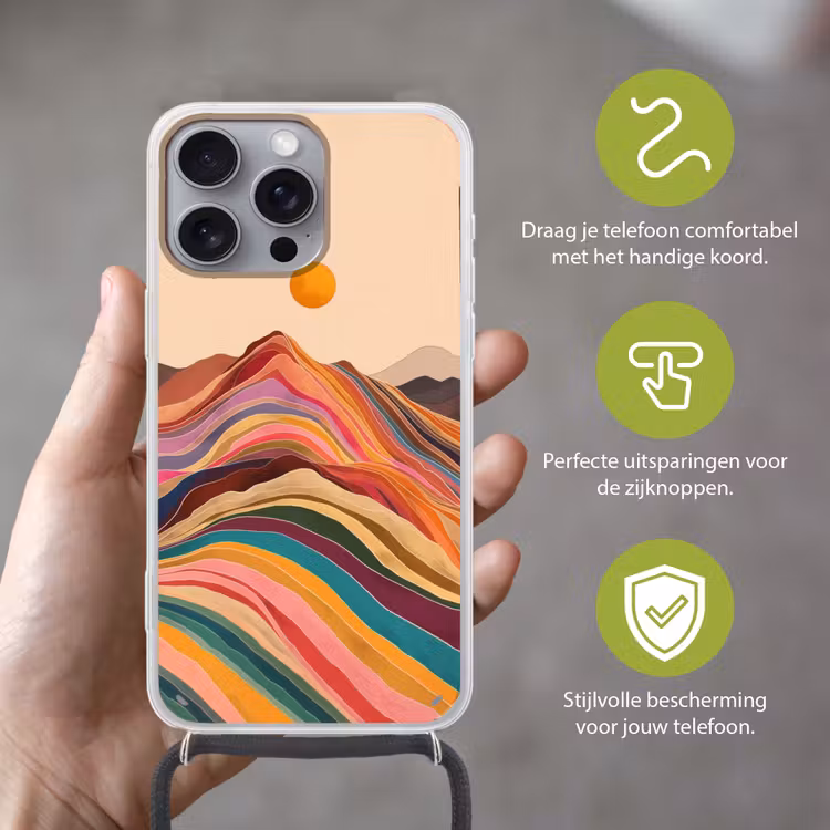 Zon - Kleurrijk landschap - Bergen Hoesje iPhone 16 Pro Max met koord klein -sfeer2_NL