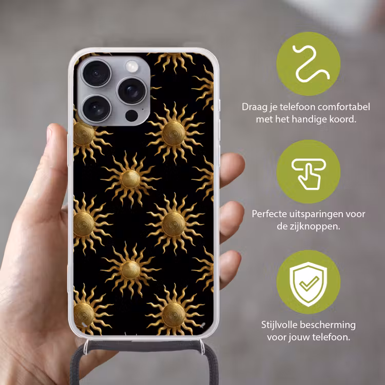 Zon - Patroon - Luxe - Goud - Zwart Hoesje iPhone 16 Pro Max met koord klein 804 -sfeer2_NL