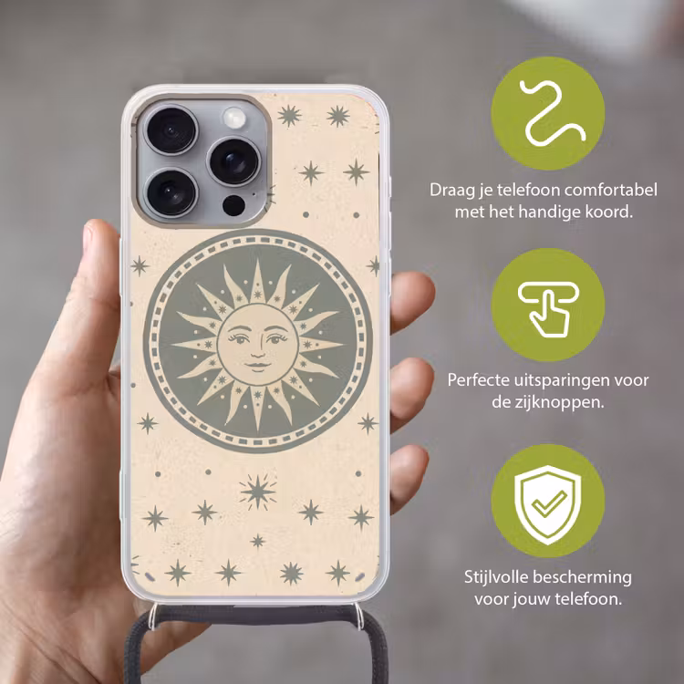 Zon - Sterren - Astrologie - Vintage - Groen Hoesje iPhone 16 Pro Max met koord klein -sfeer2_NL