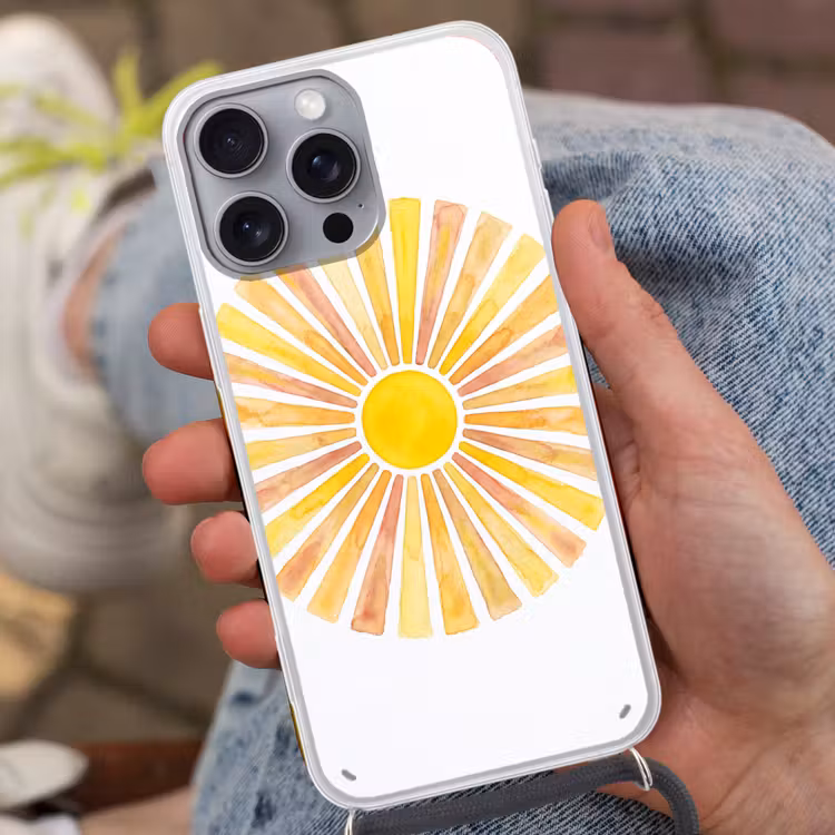 Zon - Stralen - Aquarel - Geel - Abstract Hoesje iPhone 16 Pro Max met koord klein -sfeer3