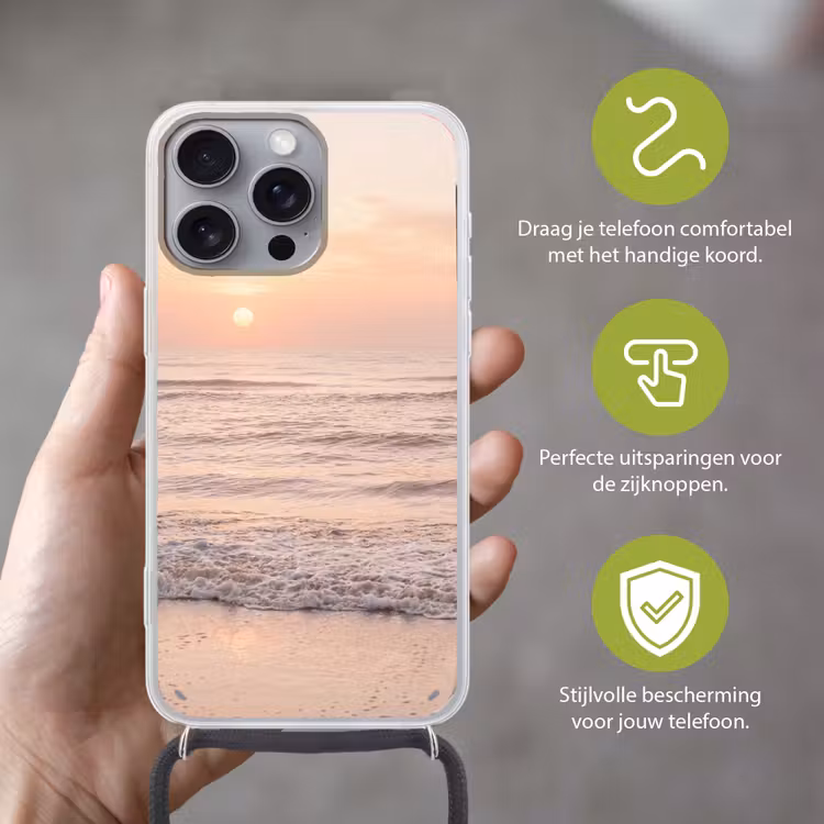Zon - Strand - Roze Hoesje iPhone 16 Pro Max met koord klein -sfeer2_NL