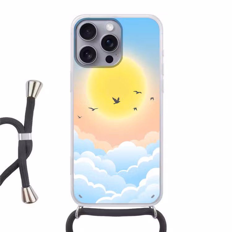 Zon - Vogels - Lucht - Natuur - Geel Hoesje iPhone 16 Pro Max met koord klein -3d