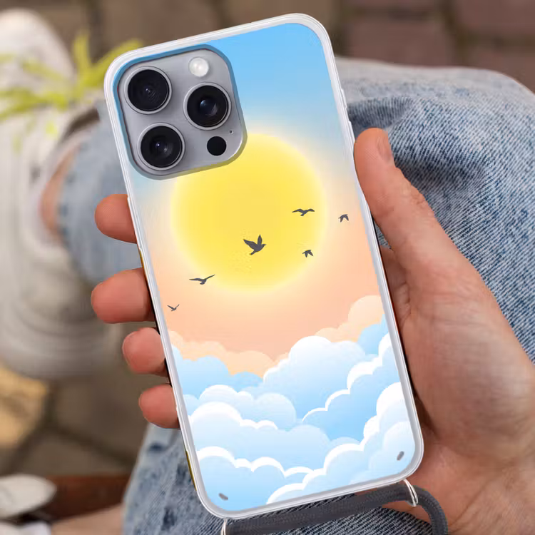Zon - Vogels - Lucht - Natuur - Geel Hoesje iPhone 16 Pro Max met koord klein -sfeer3