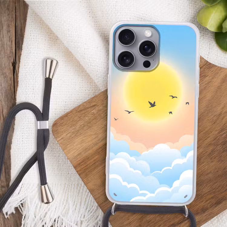 Zon - Vogels - Lucht - Natuur - Geel Hoesje iPhone 16 Pro Max met koord klein -sfeer4