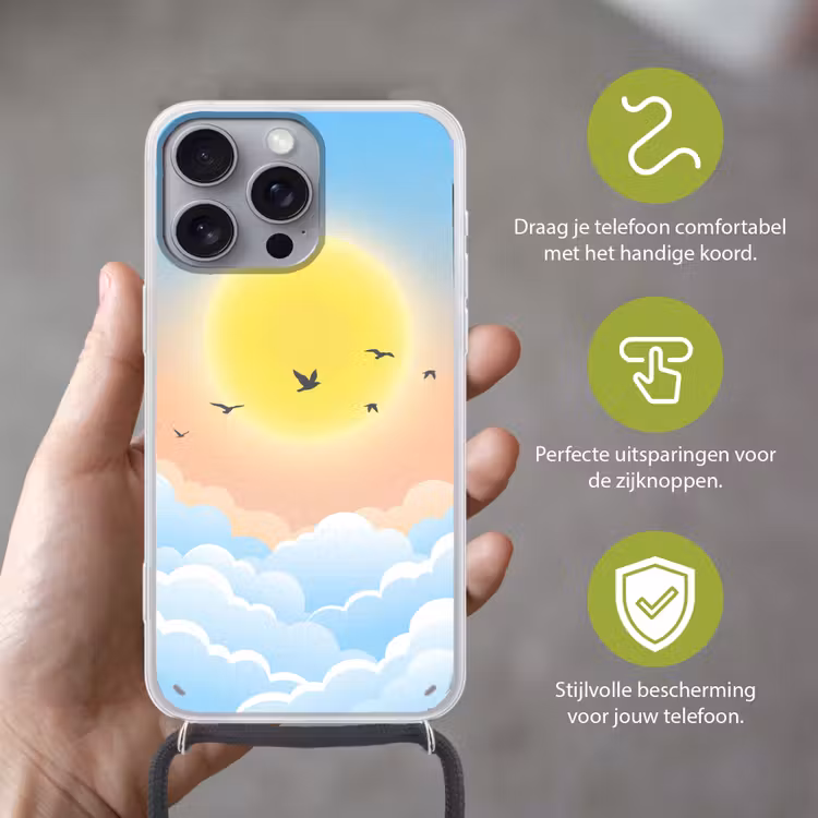 Zon - Vogels - Lucht - Natuur - Geel Hoesje iPhone 16 Pro Max met koord klein -sfeer2_NL